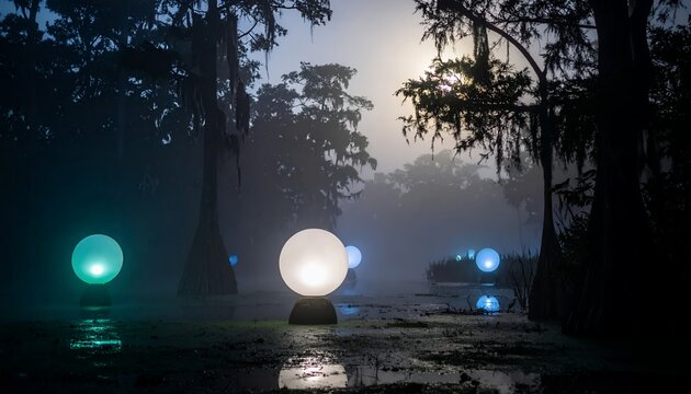 Mysterious Glowing Orbs Illuminate a Misty Swamp Landscape at Night.
