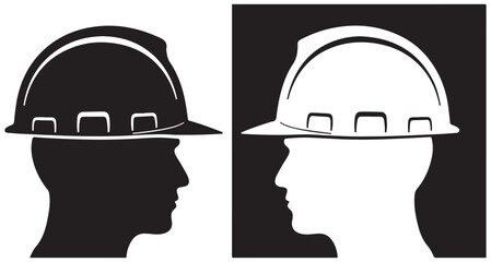 Fototapeta premium Male worker profile silhouette wearing safety hard hat for construction and engineering industry concepts.