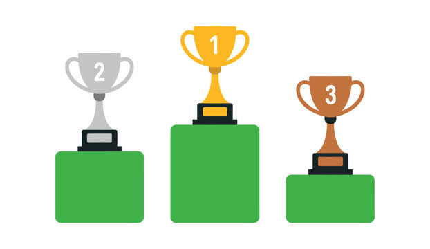 Places of rewards vector showing gold, silver, and bronze cups on podium representing 1st, 2nd, and 3rd place, awards, victory, and achievement concept.