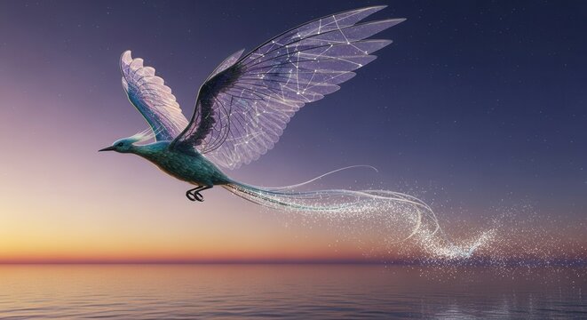 Ethereal phoenix flies above a tranquil ocean during a vibrant twilight.