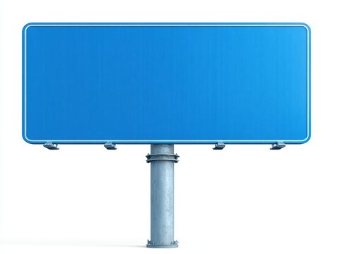 Large blank blue rectangular road sign on a metal post against a white background