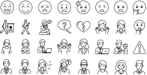 Obraz premium Human Emotions and Business Psychology Vector Line Art Icons. Outline Set of People, Emoticons, Moods, and Communication Symbols for Lifestyle, Mental Health, and HR Concepts.