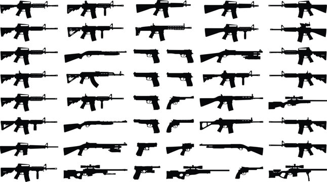 Big collection of black vector firearms silhouettes including assault rifles handguns shotguns and sniper rifles isolated on white background for military graphic design