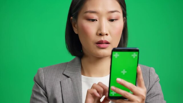 Woman Using Green Screen Phone.
