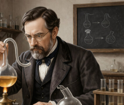 Historical scientist with swan neck flask experiment, microbiology history illustration