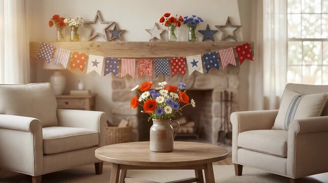 A cozy living room decorated with patriotic red, white, and blue bunting, stars, and flowers for a festive holiday celebration.