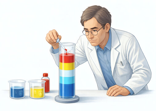 Scientist creating colored liquid density column, chemistry illustration