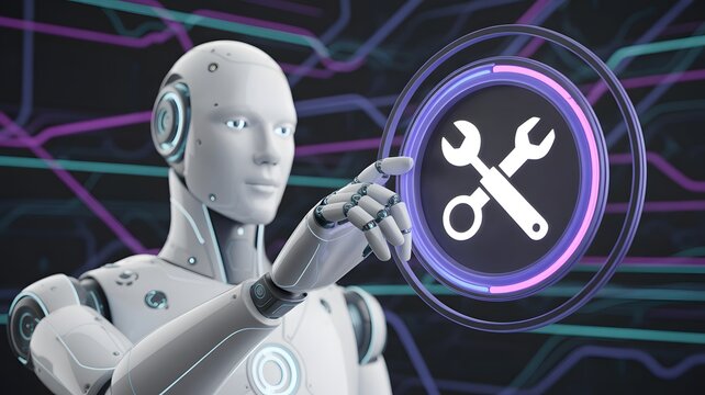 A futuristic humanoid robot touches a holographic wrench icon against a circuit background
