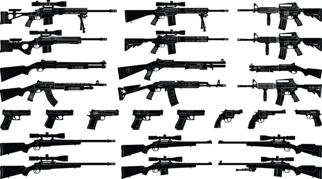 Big collection of detailed black vector firearm silhouettes including scoped sniper rifles assault weapons shotguns and handguns isolated on white background for military design