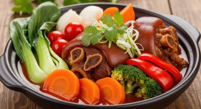 A hearty stew served in a black bowl, featuring tender pork belly, fresh vegetables, and a rich broth. The dish is garnished with fresh herbs and served with steamed rice.