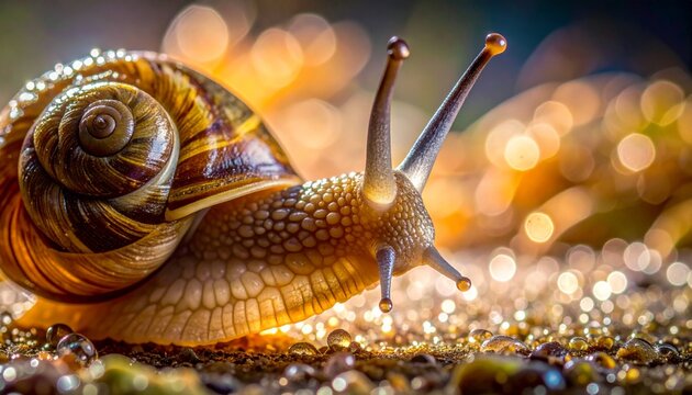 A snail slowly making its way across a sparkling surface at sunset.