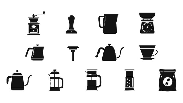 Black coffee maker and cup icons.