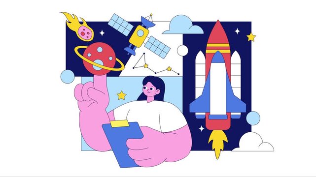 Animation of Astronomy Vector Illustration Featuring People Observing a Starry Night Sky with Galaxies and Planets in Outer Space Through Telescopes
