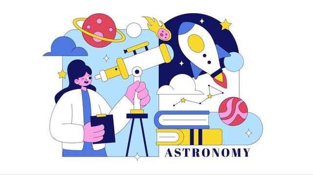 Animation of Astronomy Vector Illustration Featuring People Observing a Starry Night Sky with Galaxies and Planets in Outer Space Through Telescopes
