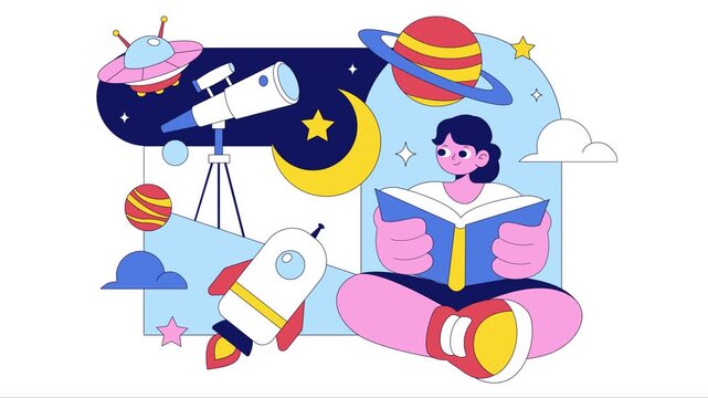 Animation of Astronomy Vector Illustration Featuring People Observing a Starry Night Sky with Galaxies and Planets in Outer Space Through Telescopes
