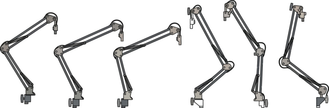 Collection of articulated robotic arms in various positions industrial automation concept isolated on white background