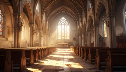 Obraz premium Serene interior of a church with light streaming through stained glass windows