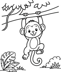 Cute monkey coloring page cartoon animal hanging on tree printable outline © ProR