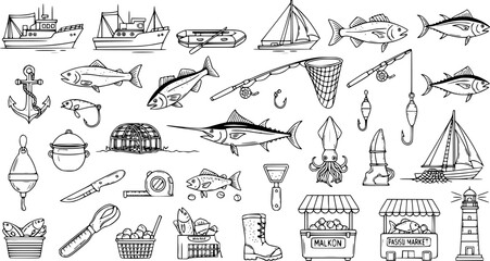 Fishing Industry Black and White Line Art Icons Set. Hand-Drawn Nautical Equipment, Marine Life, and Seafood Market Elements Collection. Ocean Themed Doodle Vector. © naila