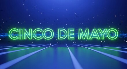 Naklejka premium Bright green neon CINCO DE MAYO typography floating in deep blue cosmic space with glowing star background and electric energy effects, festive holiday concept. 
