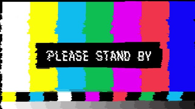 Distorted television screen displaying a please stand by message, Retro Television Test Pattern with Static and Glitch Effect