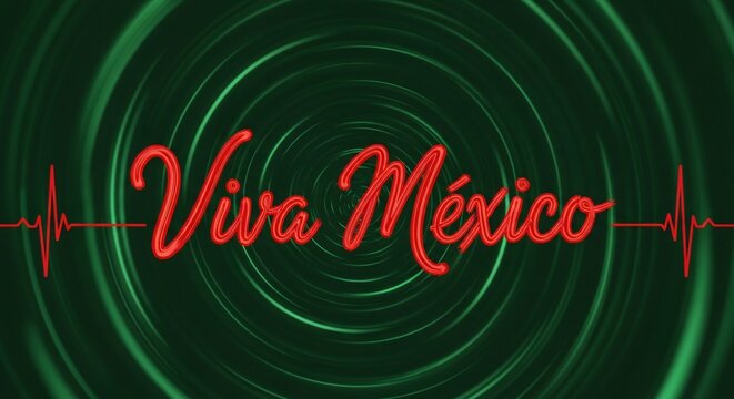 Neon 'Viva M&eacute;xico' sign with red heart monitor line on deep green swirling background, vibrant Mexican holiday greeting, festive Cinco de Mayo style text graphic