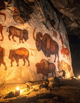 Ancient cave paintings depicting prehistoric animals illuminated by candlelight, showcasing early human artistry and historical significance.