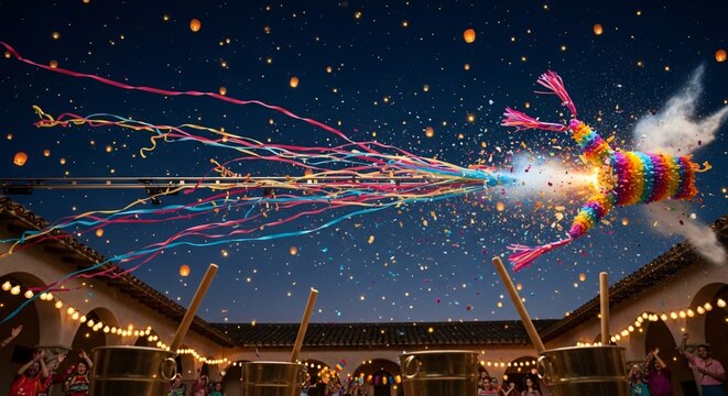 Vibrant pi&ntilde;ata exploding with confetti and streamers during festive Cinco de Mayo celebration, joyful Mexican courtyard party at night with warm lighting