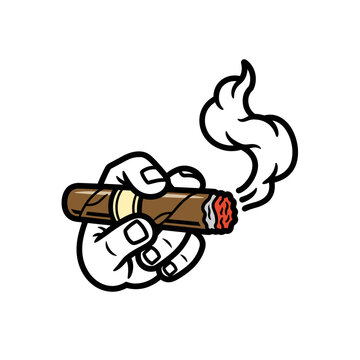 Hand Holding Burning Cigar with Smoke.