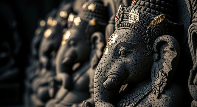 Row of Ganesha statues, ancient stone carvings of the Hindu deity, spiritual and cultural representation