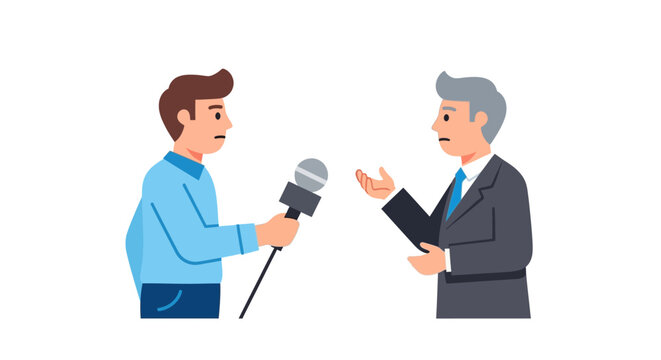 Journalist interviewing a businessman with a microphone, conveying a professional interview scenario