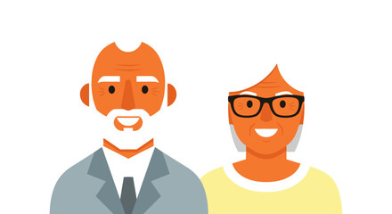 Fototapeta premium Happy elderly couple portrait senior man in suit and woman with glasses flat illustration style symbolizing love