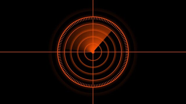 Digital radar screen with orange concentric circles and crosshairs on black background technology scan search target detection technology scan search target detection