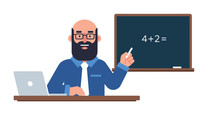 Bearded bald teacher with glasses points to blackboard with math equation laptop on desk representing education
