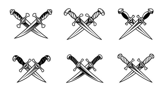 Set of Six Crossed Daggers Illustrations.