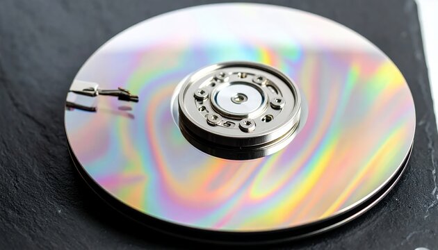 Close-up of a hard disk drive platter with readwrite head.