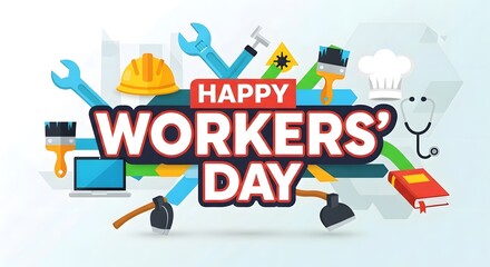 Naklejka premium Happy workers day greeting card with various professional tools and icons
