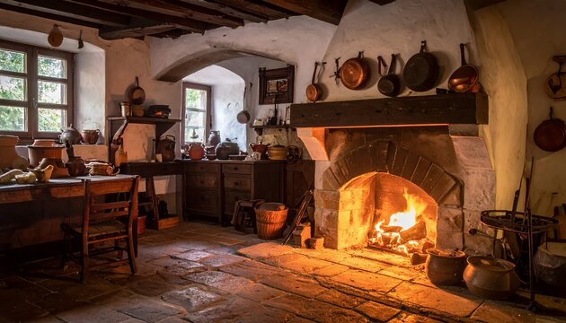 Cozy Rustic Kitchen with Roaring Fireplace and Traditional Decor.