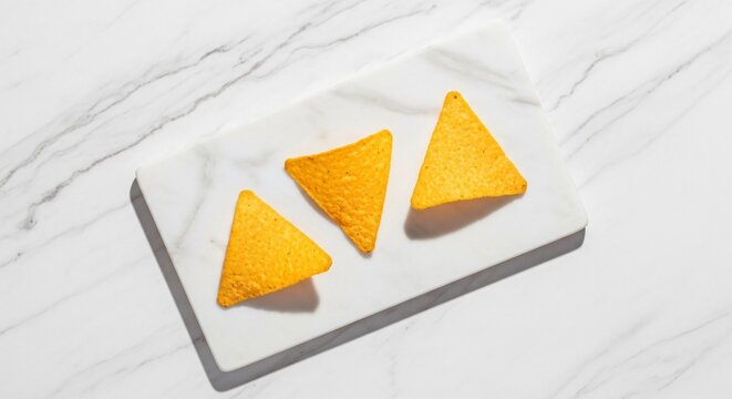 Crunchy tortilla chips on a white marble board for Cinco de Mayo snacks, minimalist corn chip appetizers, Mexican party food, flat lay crispy nacho chips, gourmet snack background.