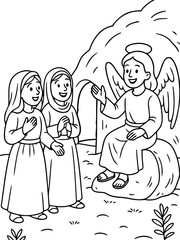 Fototapeta premium Divine Encounter: An angel shares a revelation with two women near a rock cave, in this timeless scene of faith and guidance.