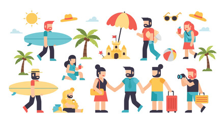 Fototapeta premium Vibrant summer vacation scene with happy people enjoying diverse beach activities like surfing, sunbathing, and building sandcastles under the sunny sky