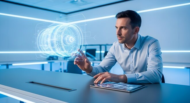 Professional businessman utilizing advanced Holographic Workspace Interfaces in a modern office environment, engaging with virtual data for future innovation