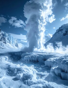 Dramatic Geyser Eruption in Icy Winter Landscape with Snow and Mountains.