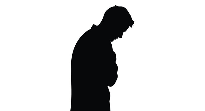 A poignant vector illustration graphic design features a solitary man's silhouette with head bowed and arms crossed, conveying deep introspection, sadness, and thoughtful contemplation.