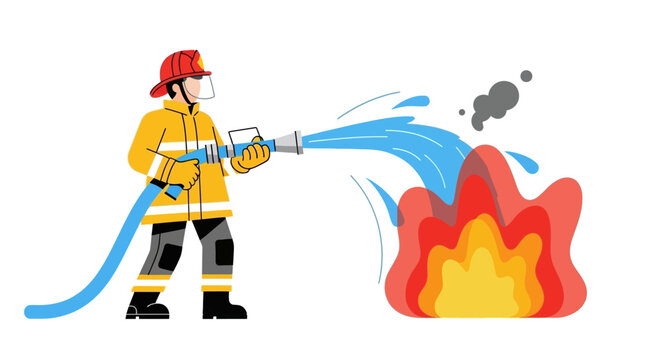 Firefighter in action, spraying water from a hose to extinguish a large flame, emergency service illustration