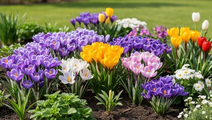 Obraz premium Crocus Blooms: A vibrant bed of blooming crocuses, showcasing a spectrum of colors from purple to yellow, embodies the essence of springtime awakening.