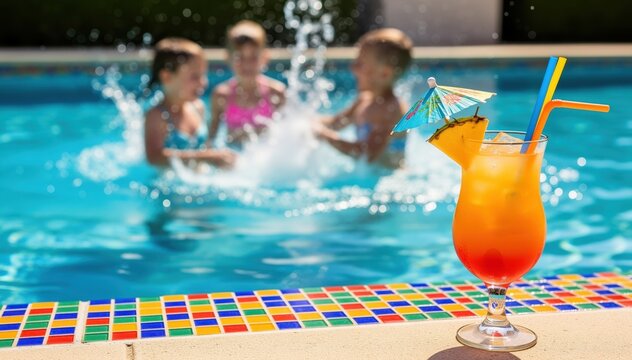 Summer Refreshment by the Pool: Capturing the essence of a perfect summer day with a vibrant cocktail as kids frolic in the crystal-clear water of a pool.