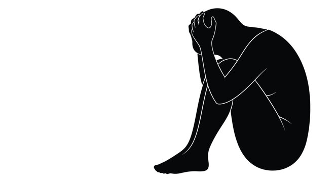 A minimalist vector graphic illustration depicting a person experiencing profound despair, anxiety, or mental health distress, curled up in a vulnerable position.