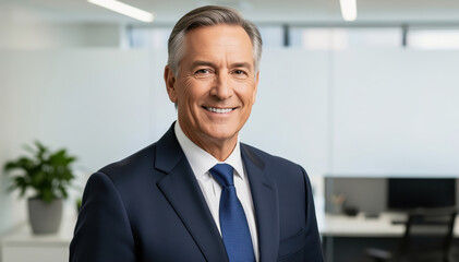 Fototapeta premium Confident Professional Portrait: A distinguished man, exuding authority and approachability, poses confidently in a modern office environment, capturing his professional essence.