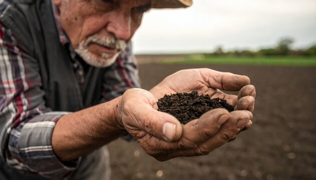 Elderly Farmer Inspecting Rich Soil in His Hands.